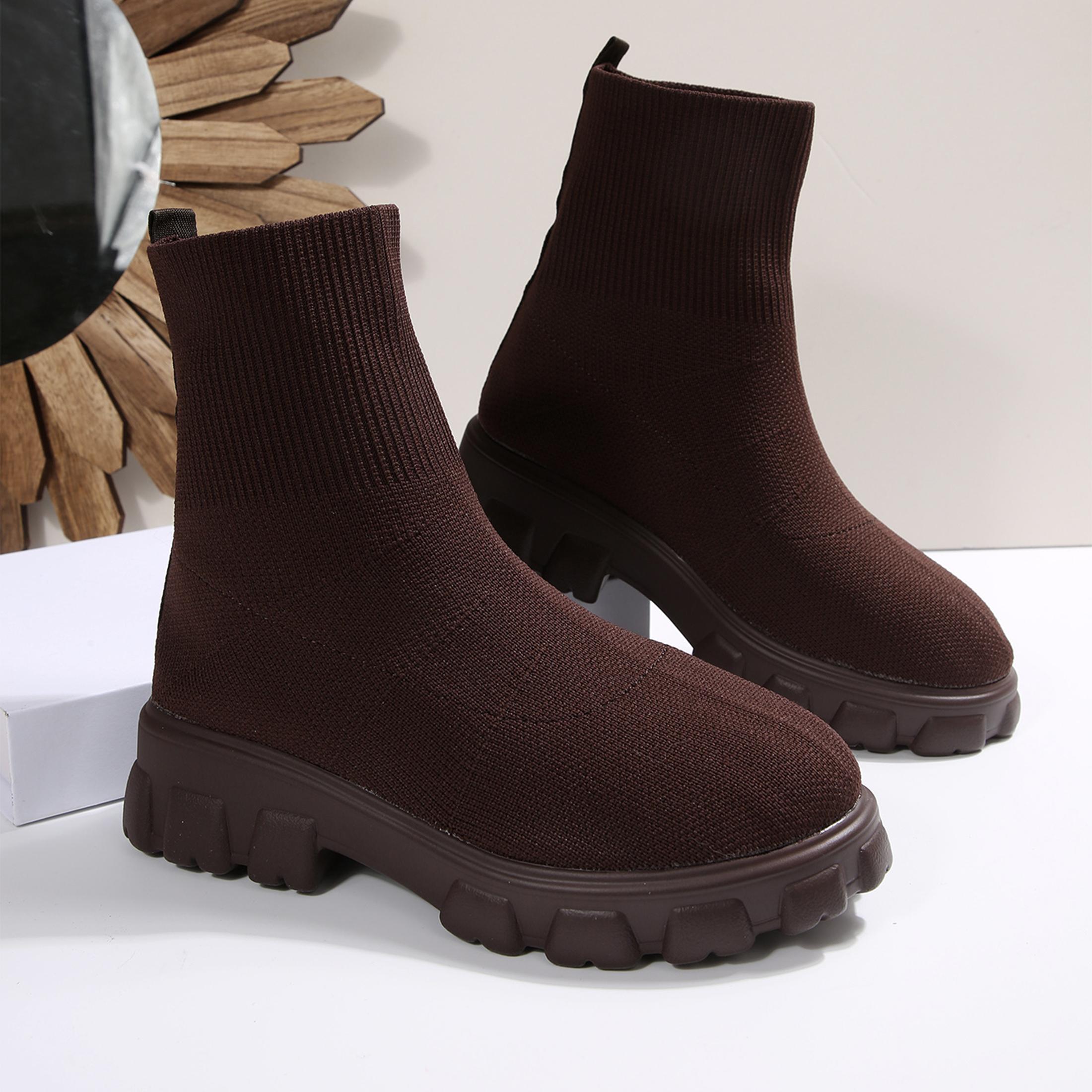No Show Sock Women - 女性用アンクルブーツ、快適なラウンドトゥ、スリップオン、ストレッチ、ソフト、チャンキーブロックヒール、ニットプラットフォームブーツ、パンクドレスソックスブーツ