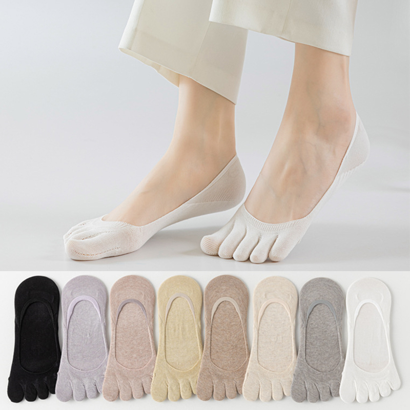 Toe Sock Split - 夏用女性用五本指ソックス1組、純綿キャンディーカラー、薄手で通気性のあるシリコン滑り止め付き、つま先が分かれた浅いボートソックス