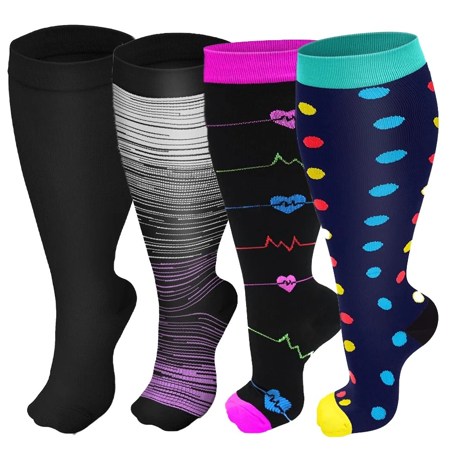 Compression Sleeve Calf - プラスサイズ着圧ソックス 男女兼用 特大幅広ふくらはぎ用 ニーハイソックス 柄入り着圧ストッキング スポーツランニング用