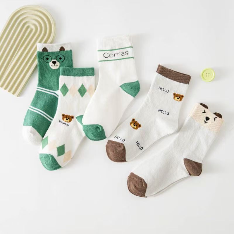 5足セットの幼児用、かわいいクマ柄の綿素材ソックス。柔らかく - Cotton Crew Sock Pack のレビューと価格